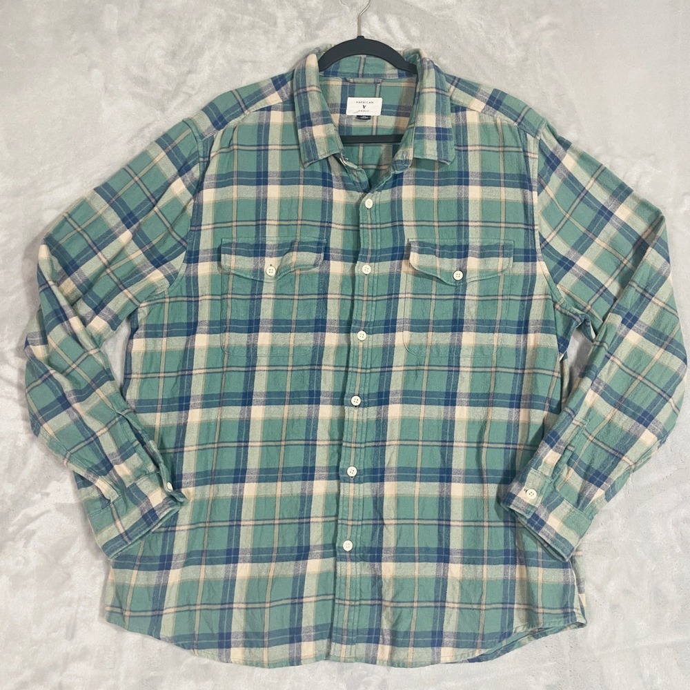 American Eagle Flannel Shirt Mens XXL Green Plaid Excellent Button Up Shirt